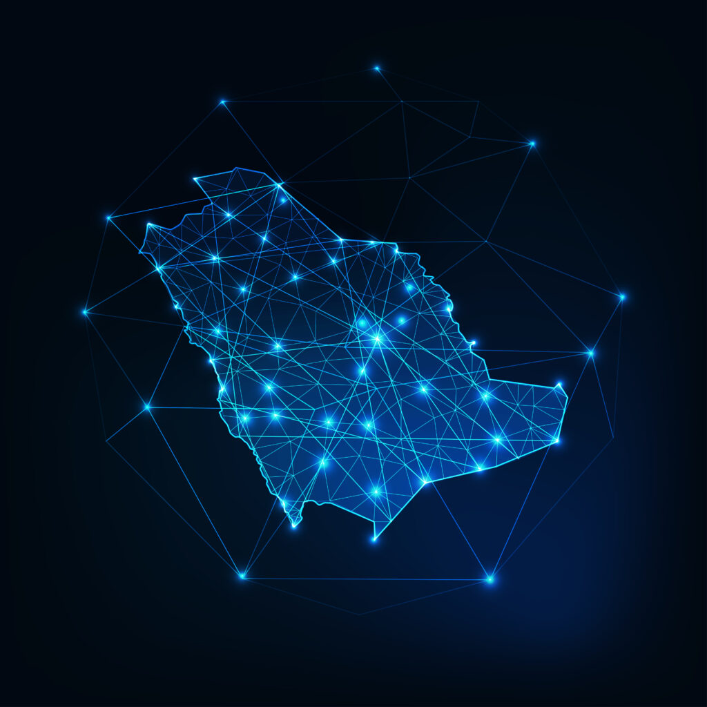Saudi Arabia map outline with stars and lines abstract framework.